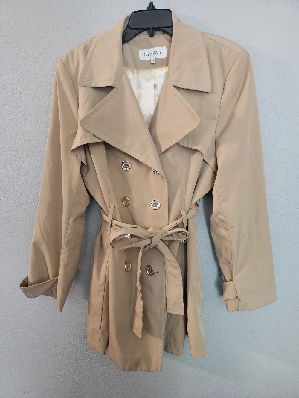 Calvin Klein Tan Double-Breasted Trench with Self-Tie Belt